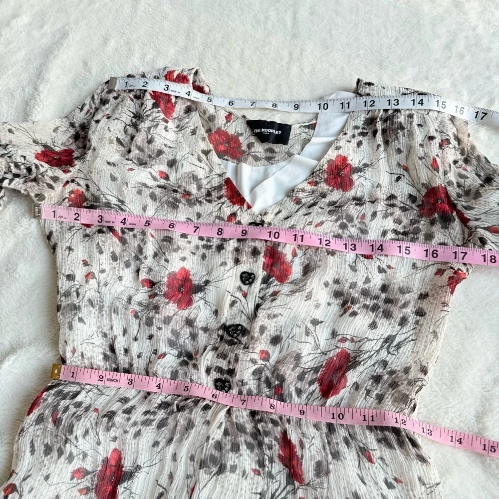 The Kooples Flying Flowers Silk White Red Long Sleeve Mini Dress FR 2 US S